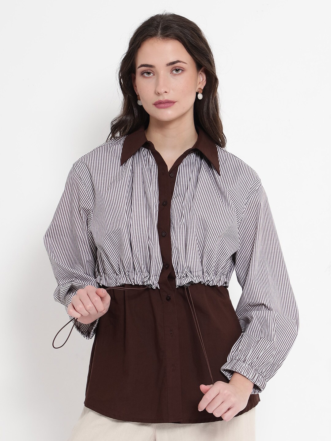 

RAREISM Spread Collar Cuffed Sleeves Cotton Styled Back Top, Brown