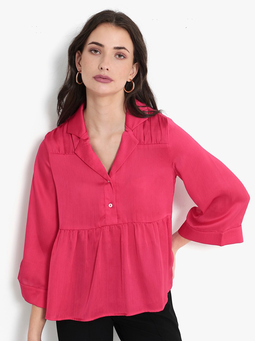 

RAREISM Shirt Collar Kimono Sleeve Cotton Top, Red