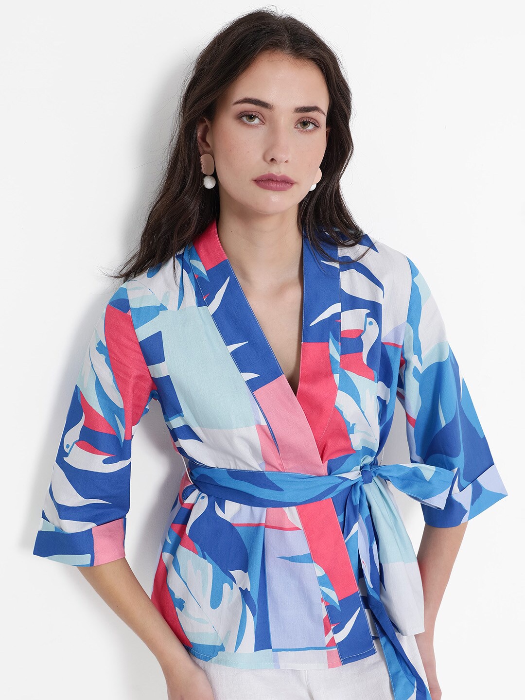 

RAREISM Zamo Abstract Printed V-Neck Waist Tie-Ups Cotton Wrap Top, Blue
