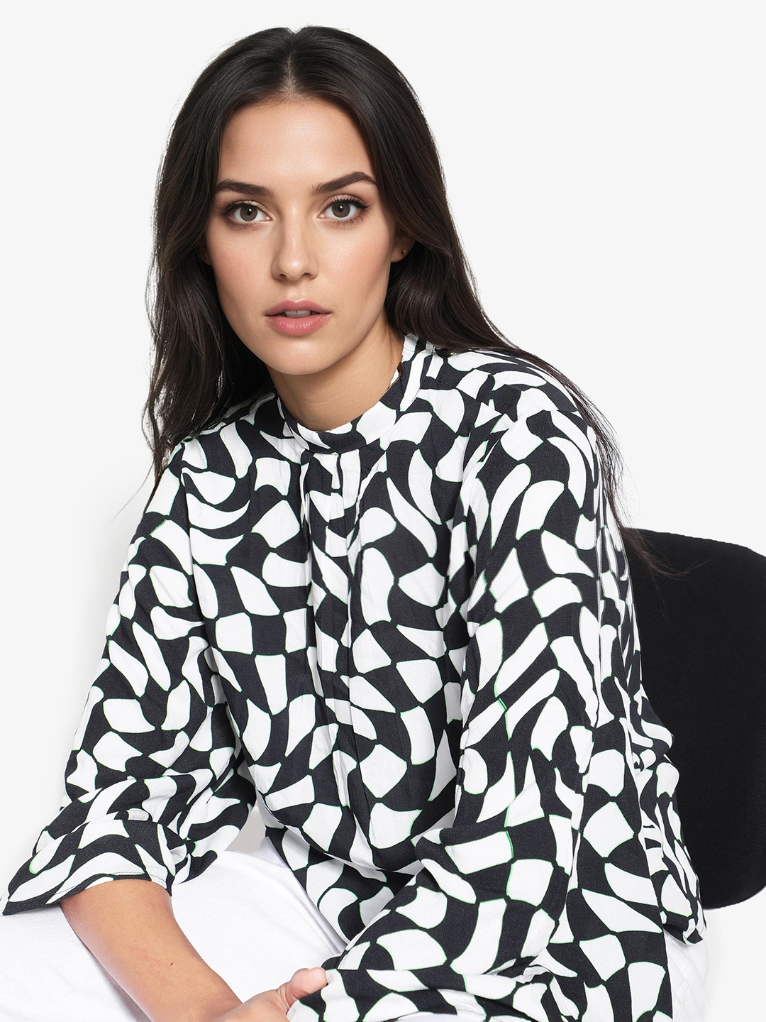 

RAREISM Floral Printed High Neck Cotton Top, Black