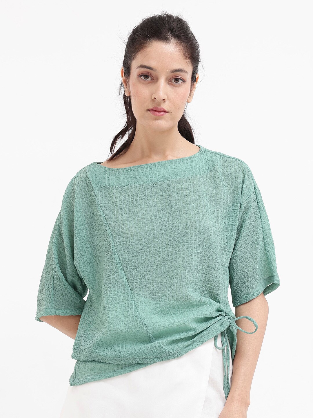 

RAREISM Texmer Self Design Extended Sleeves Ruched Cotton Top, Green