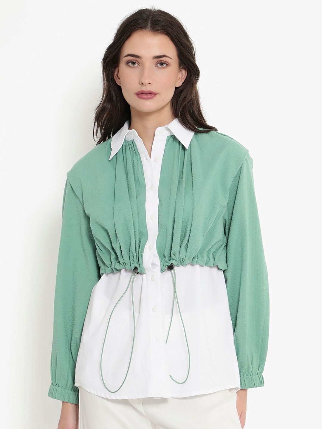 

RAREISM Shirt Collar Long Puff Sleeves Regular Cotton Top, White