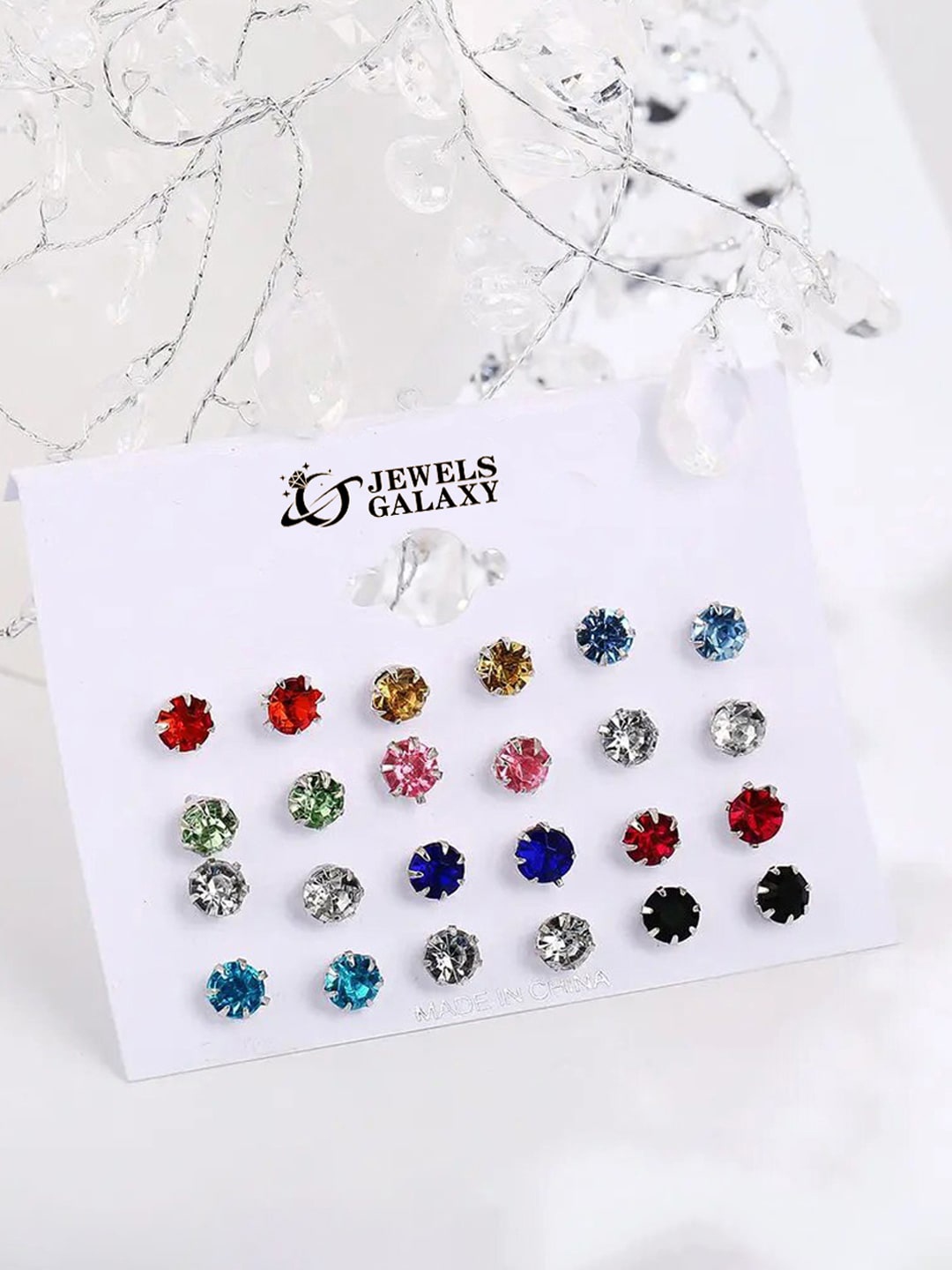 

Jewels Galaxy Set Of 12 Silver-Plated Contemporary Studs Earrings, Red