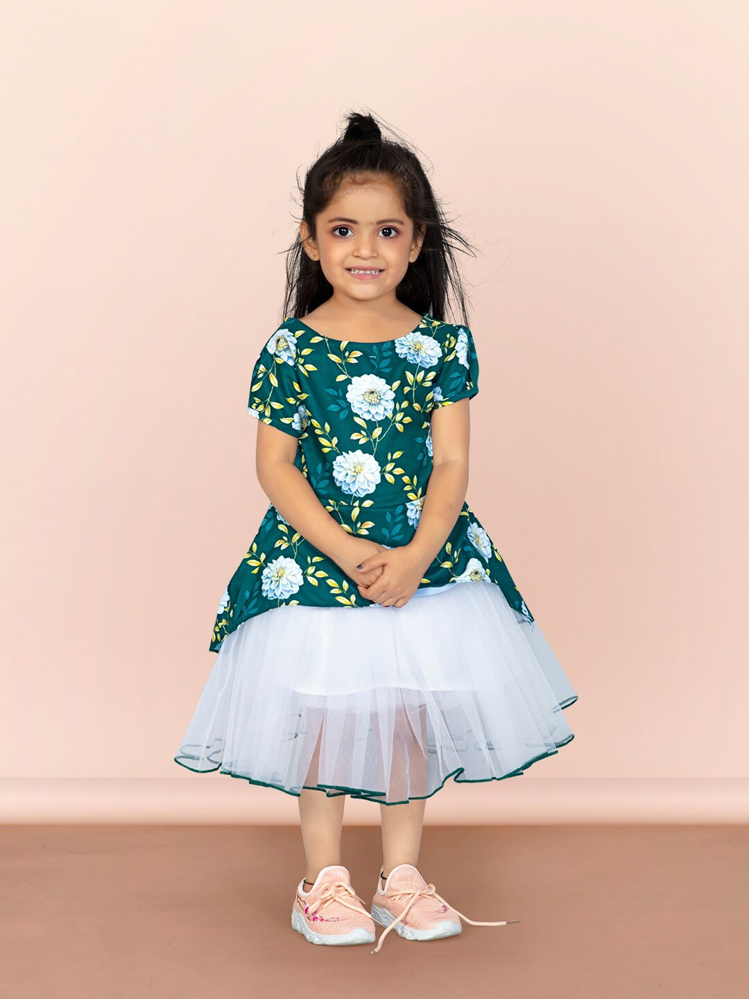 

BAESD Girls Floral Print Round Neck Short Sleeves Fit & Flare Midi Dress, Green