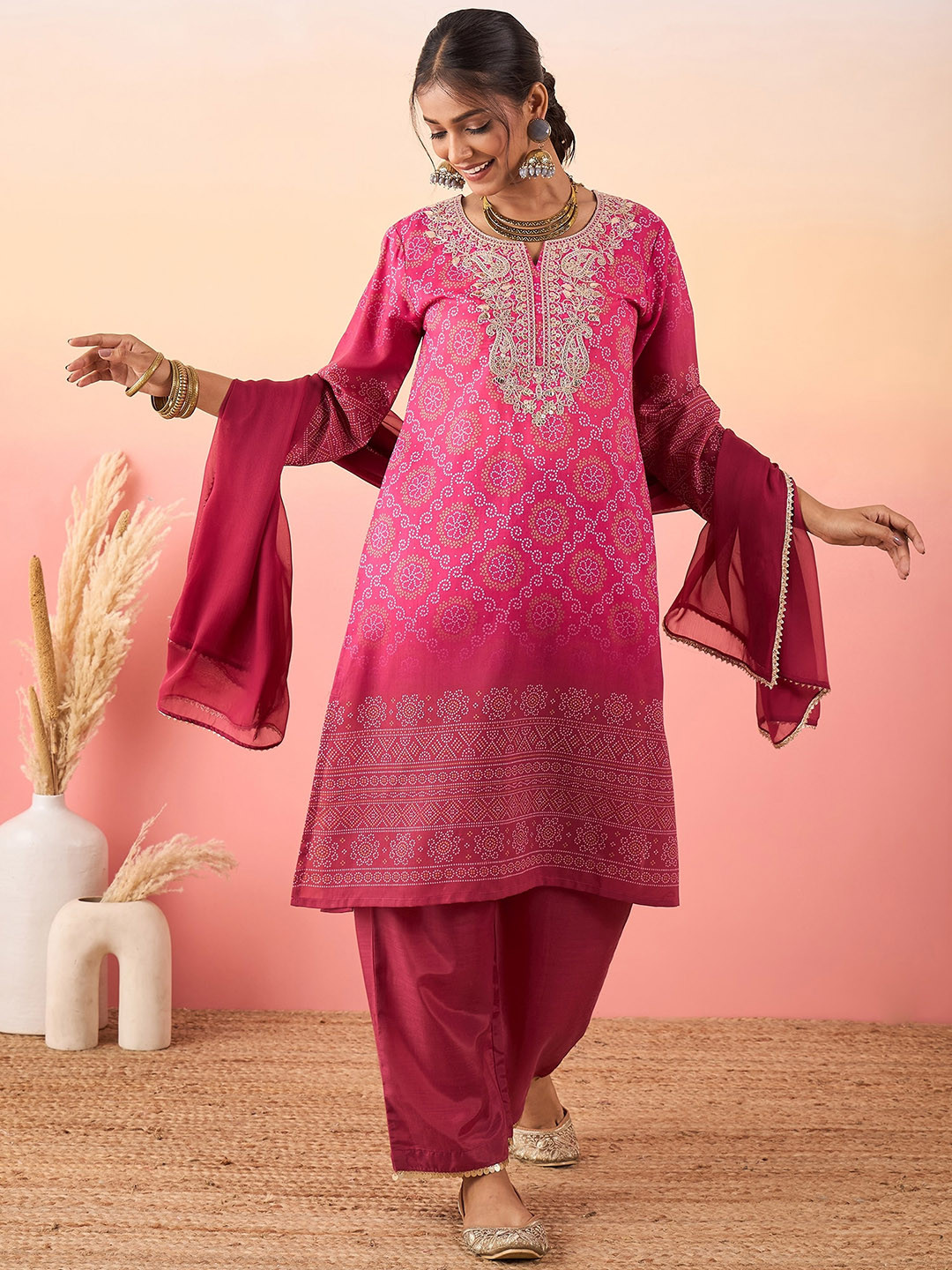 

Madhuni Ethnic Motifs Embroidered Chanderi Silk Zari A-Line Kurta With Palazzos & Dupatta, Pink