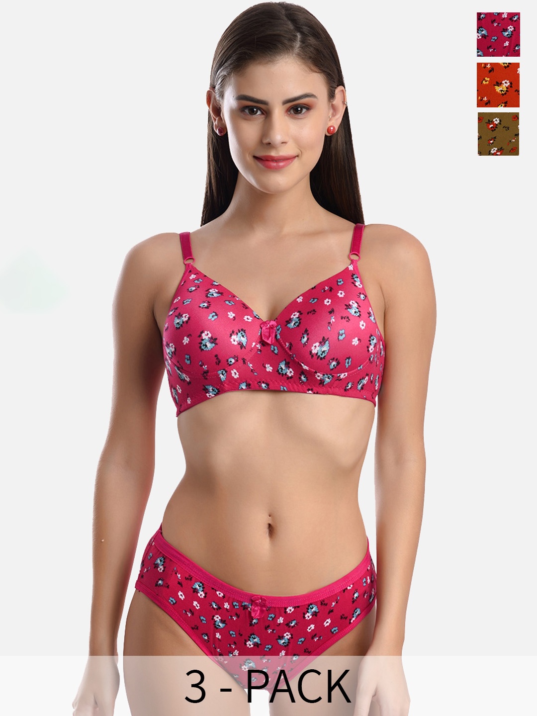 

FIMS Pack Of 3 Printed Padded Lingerie Set, Orange