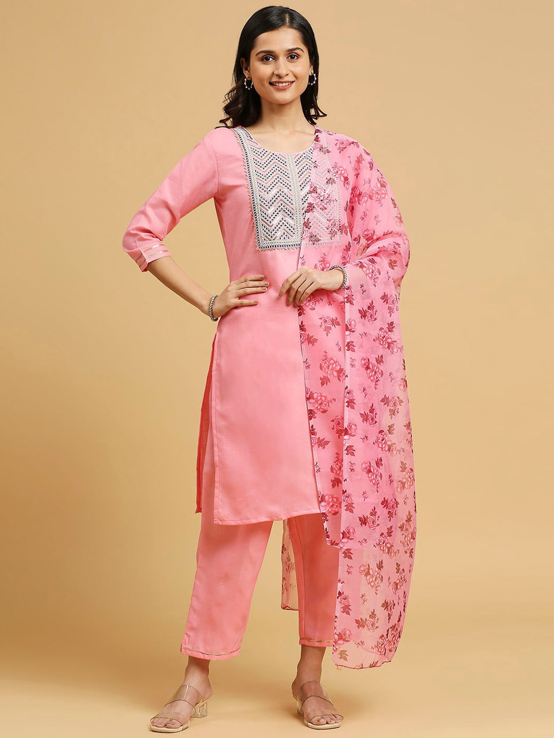 

S.K.C Ethnic Motifs Embroidered Regular Thread Work Kurta with Palazzos & With Dupatta, Pink