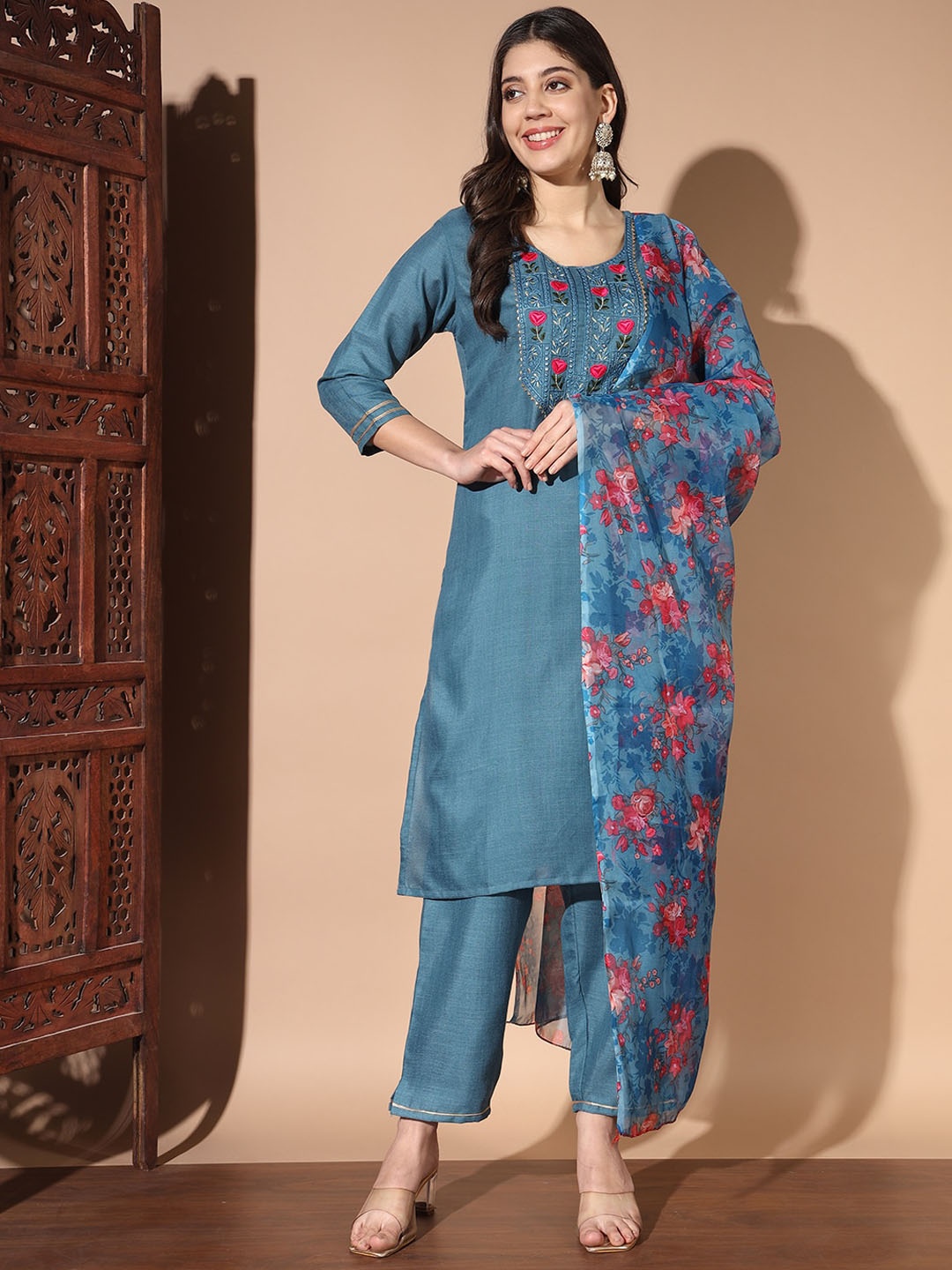 

S.K.C Embroidered Regular Thread Work Kurta with Palazzos & Dupatta, Blue