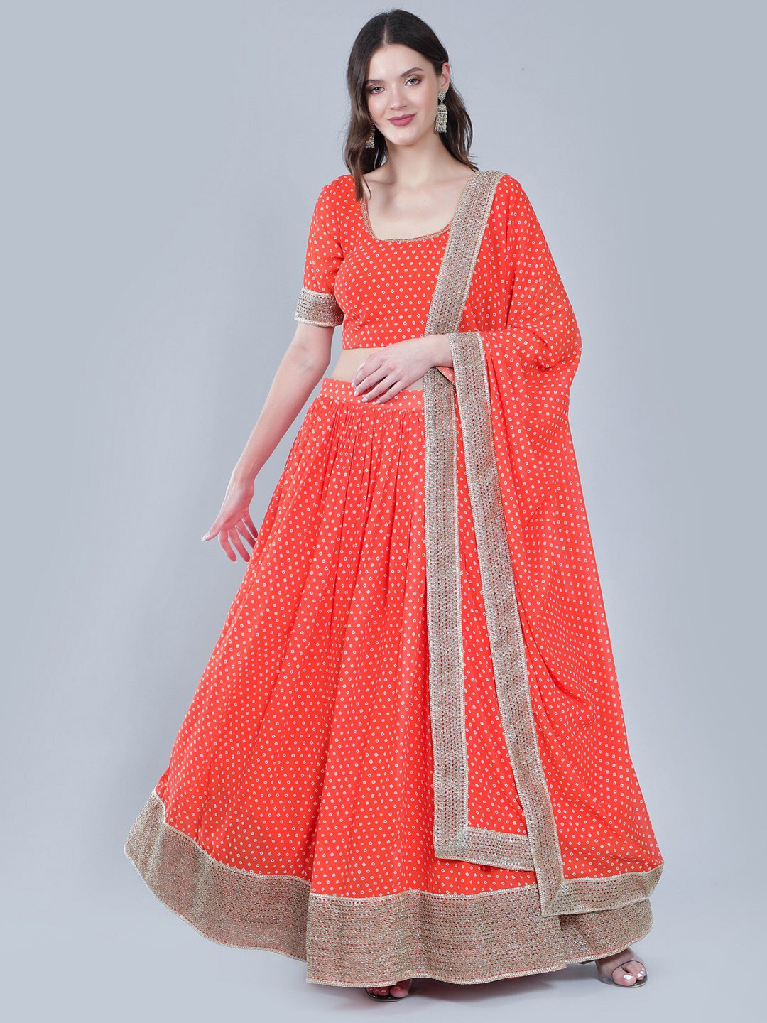 

Laalzari Bandhani Printed Ready to Wear Lehenga & Blouse With Dupatta, Orange