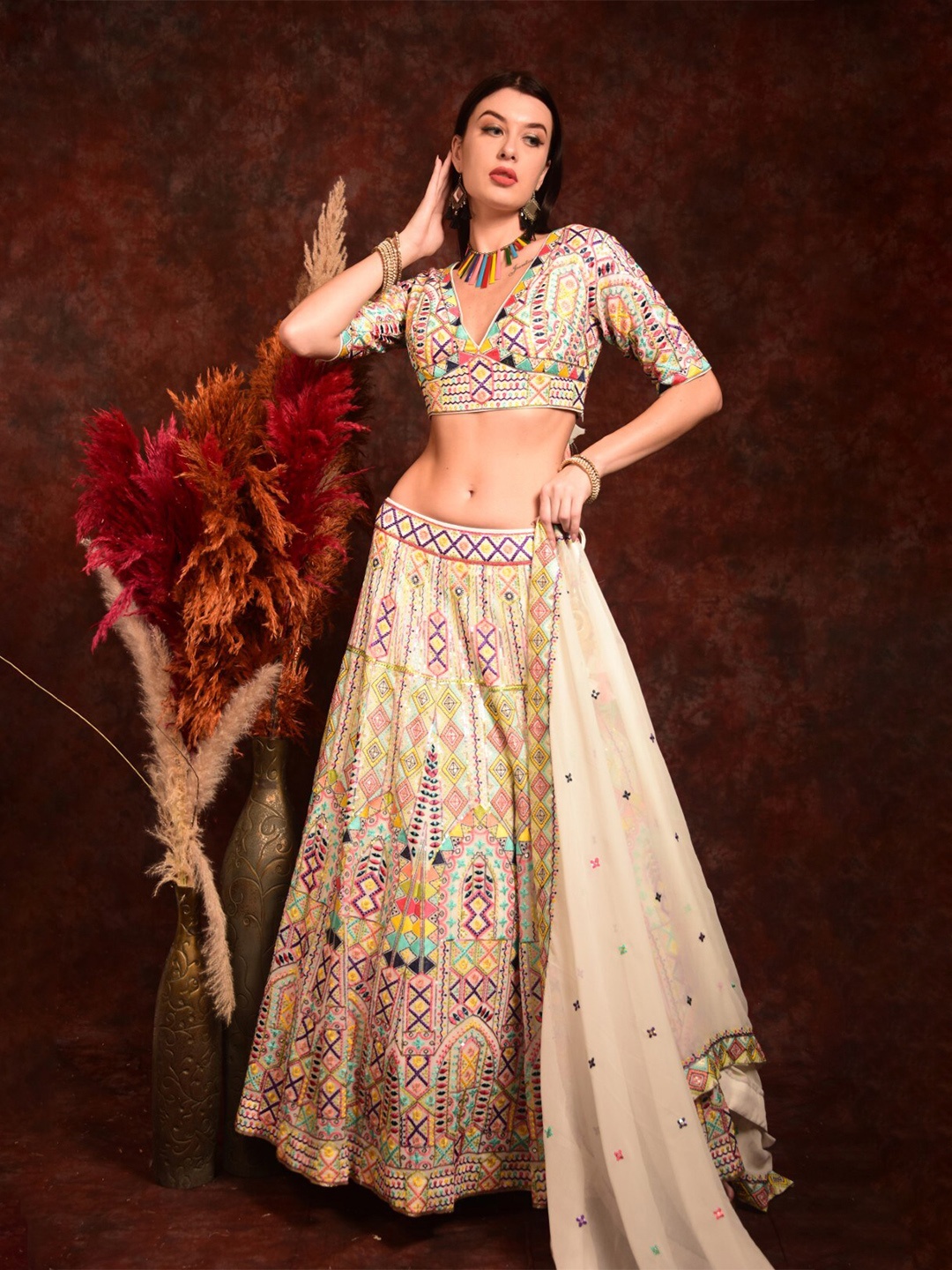 

Laalzari Embroidered Ready to Wear Lehenga & Blouse With Dupatta, Cream