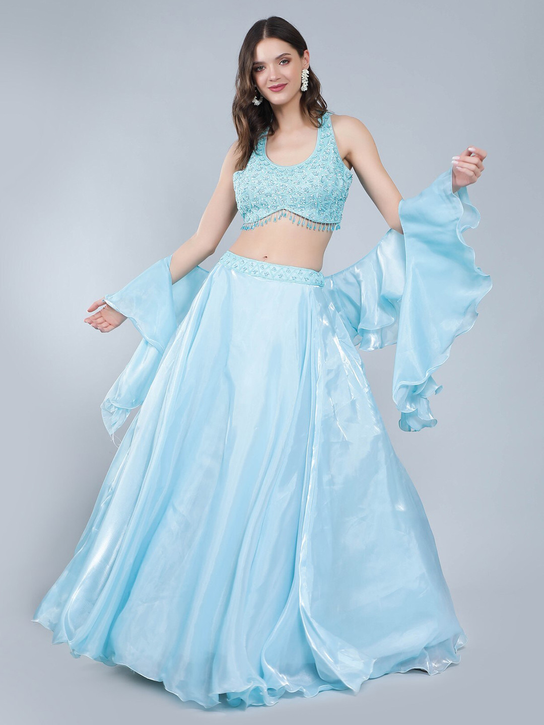 

Laalzari Embroidered Sequinned Ready to Wear Lehenga & Blouse With Ruffled Dupatta, Blue
