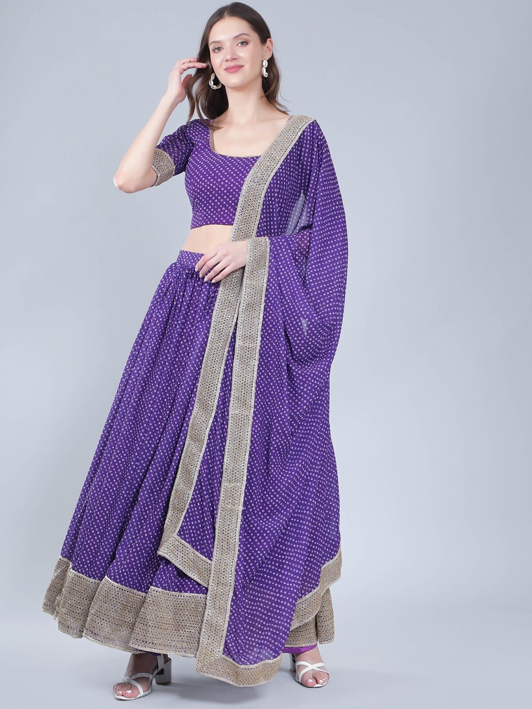 

Laalzari Bandhani Printed Ready to Wear Lehenga & Blouse With Dupatta, Purple