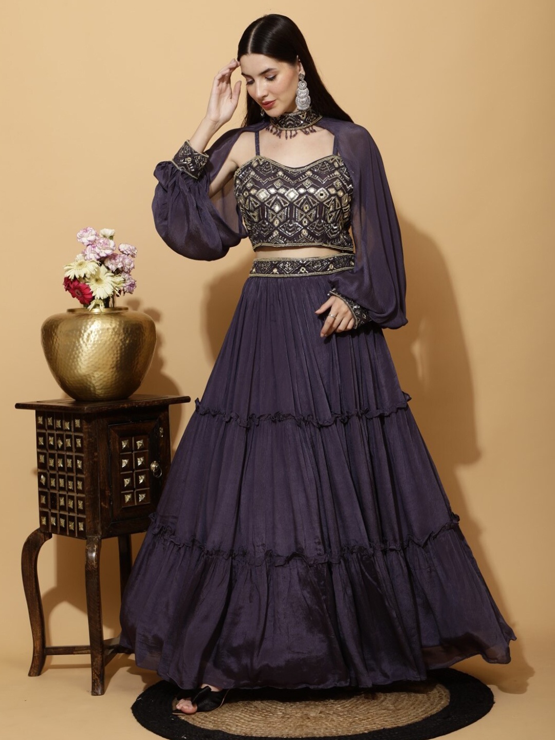 

Laalzari Embroidered Mirror Work Ready to Wear Lehenga &, Purple