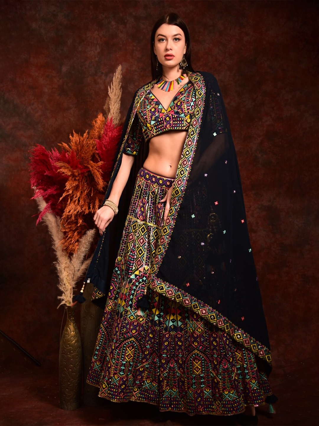 

Laalzari Embroidered Ready to Wear Lehenga & Blouse With Dupatta, Black