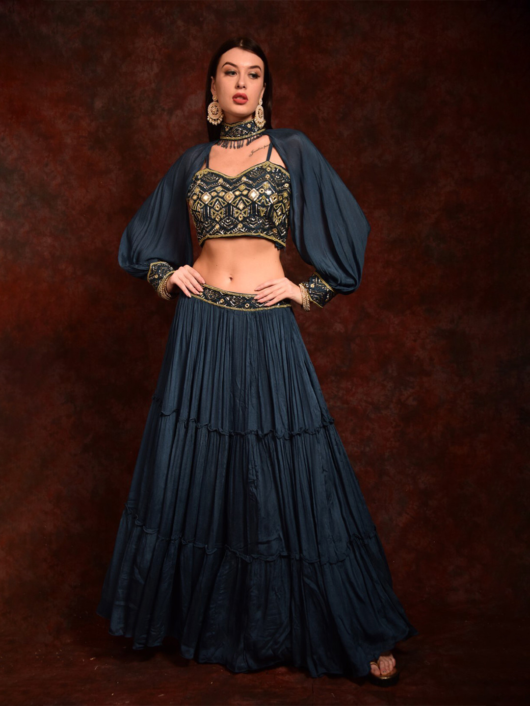 

Laalzari Embroidered Beads and Stones Ready to Wear Lehenga Set & Choker, Blue