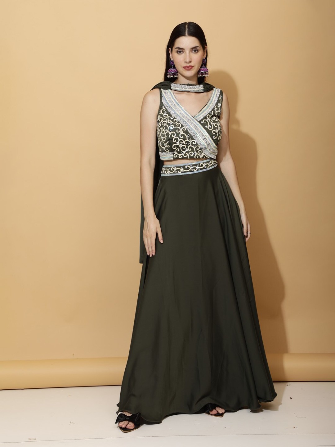 

Laalzari Embroidered Beads and Stones Ready to Wear Lehenga & Blouse With Dupatta, Green