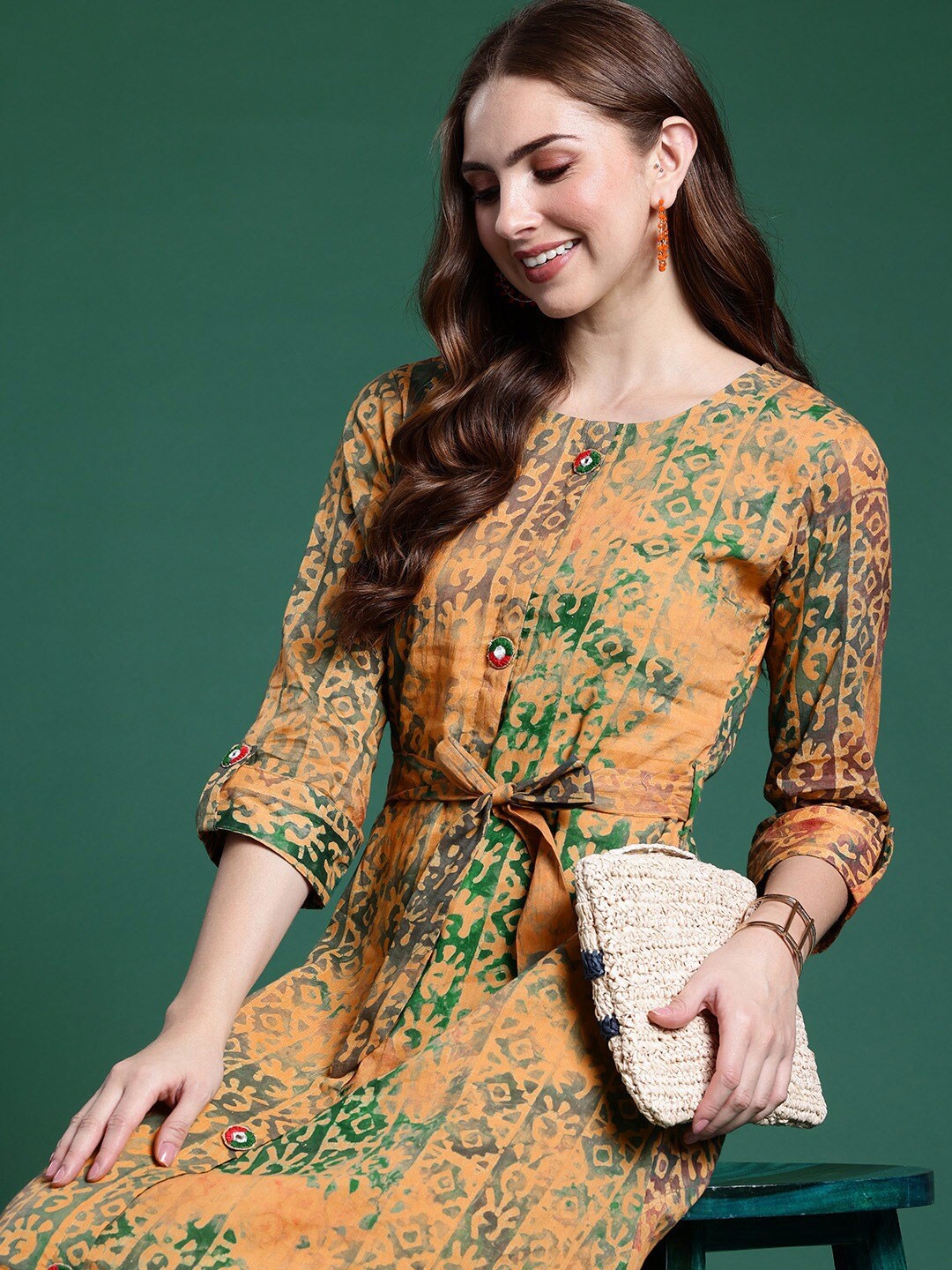 

Anouk Floral Print Cotton Silk A-Line Midi Casual Dress Comes With A Belt, Brown