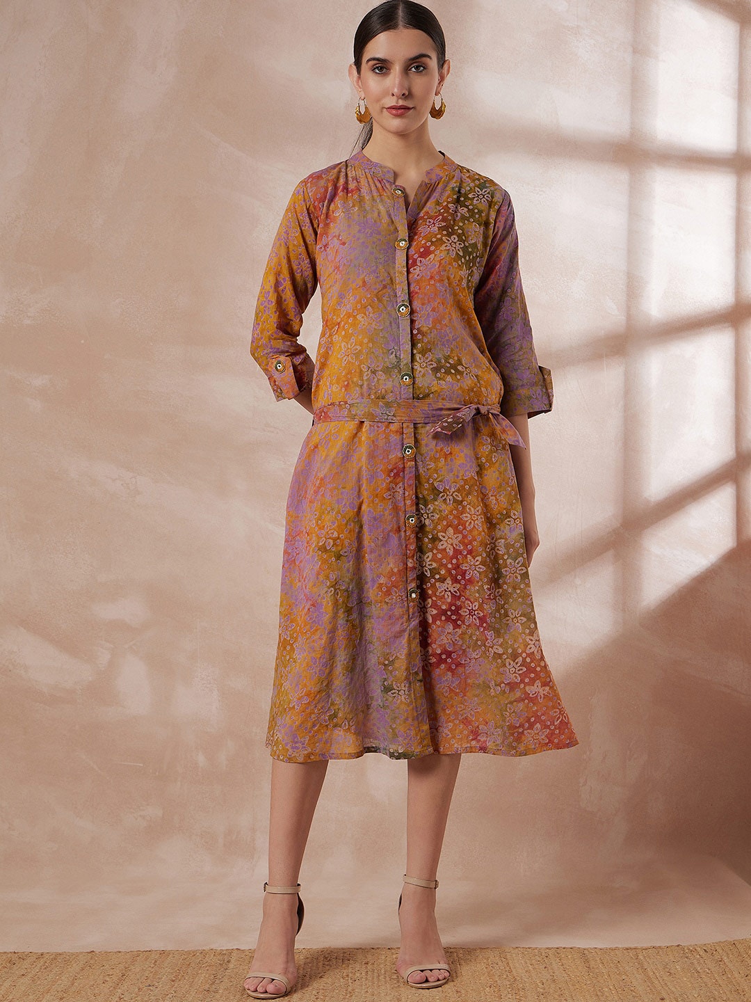 

Anouk Floral Print Cotton Silk A-Line Midi Casual Dress Comes With A Belt, Brown