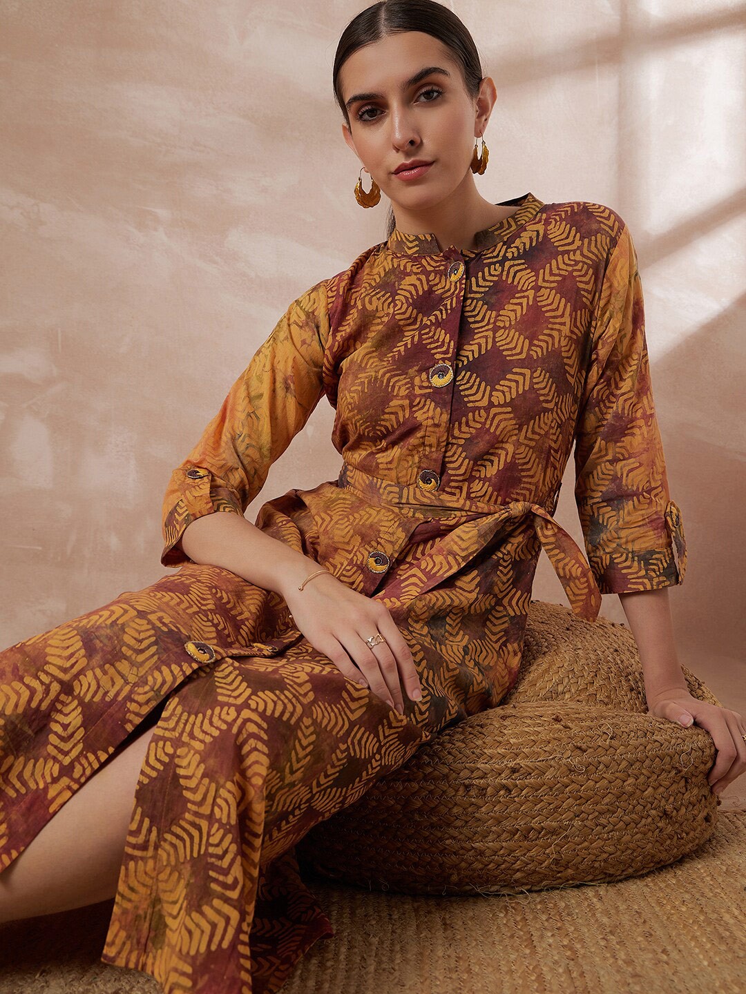 

Anouk Floral Print Mandarin Collar Cotton Silk Midi Belted Shirt Style Dress, Camel brown