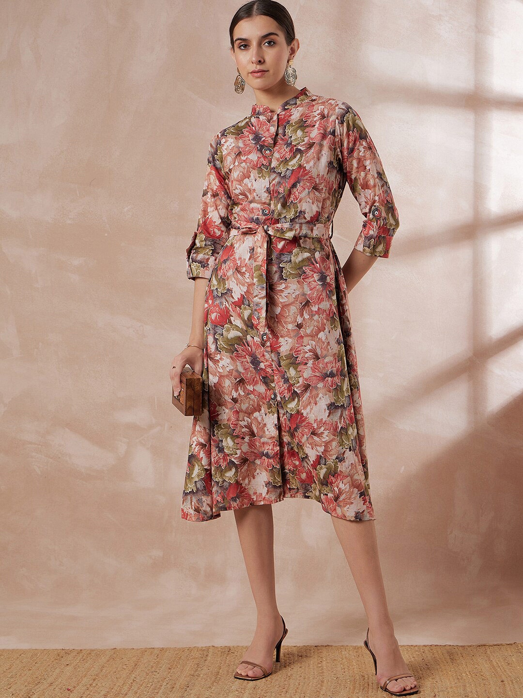 

Anouk Floral Print Cotton Silk A-Line Casual Dress Comes With A Belt, Pink