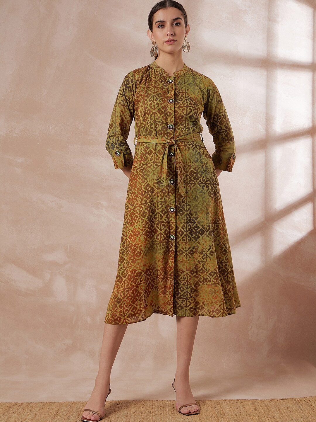 

Anouk Ethnic Motifs Print Mandarin Collar Cotton Silk Midi Belted Shirt Style Dress, Olive