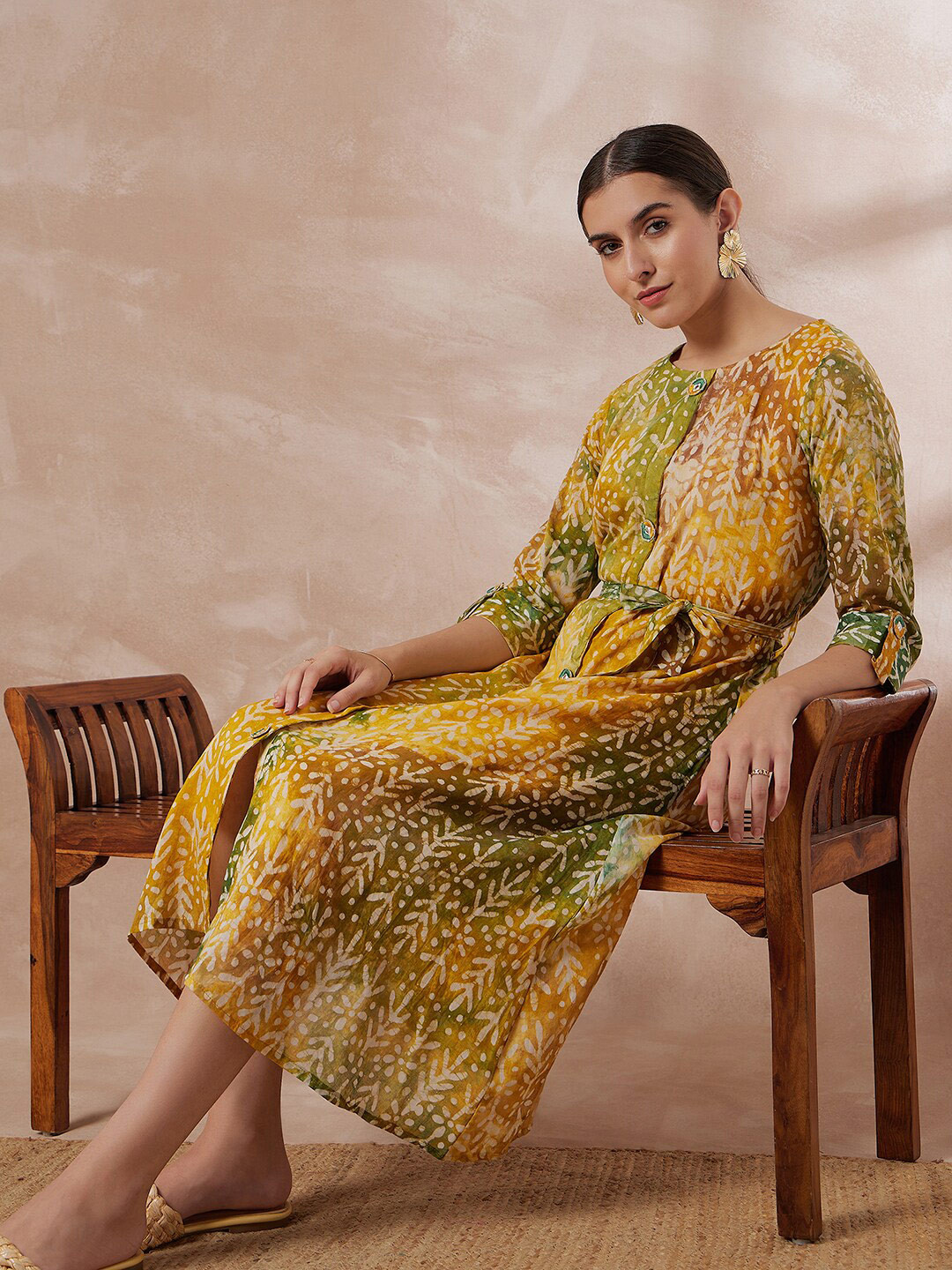

Anouk Floral Print Cotton Silk A-Line Midi Casual Dress Comes With A Belt, Yellow