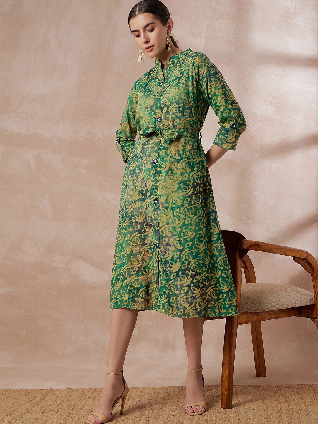 

Anouk Ethnic Motifs Printed Shirt Dress Comes With A Belt, Green