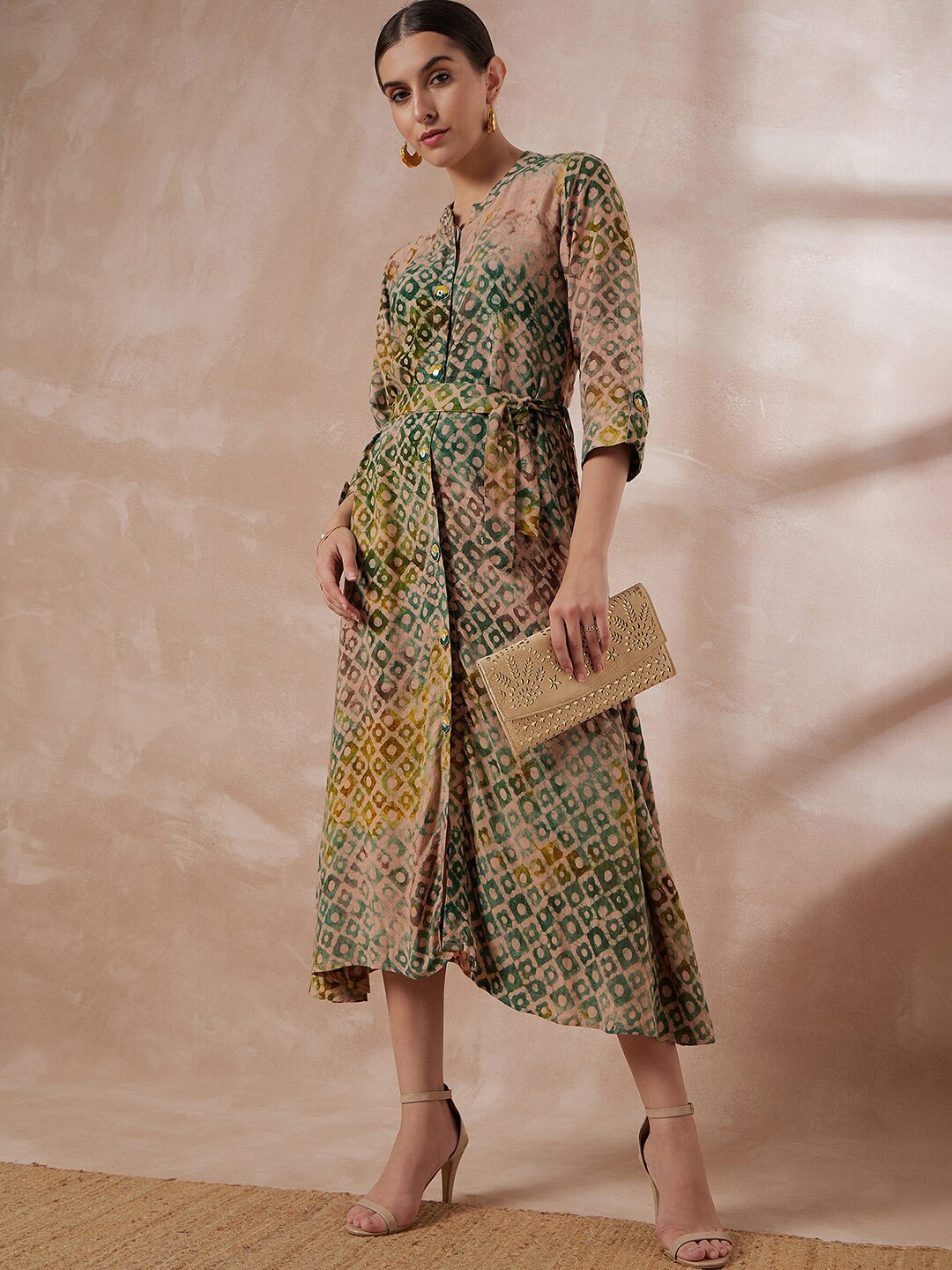 

Anouk Ethnic Motifs Print Cotton Silk A-Line Midi Casual Dress Comes With A Belt, Green