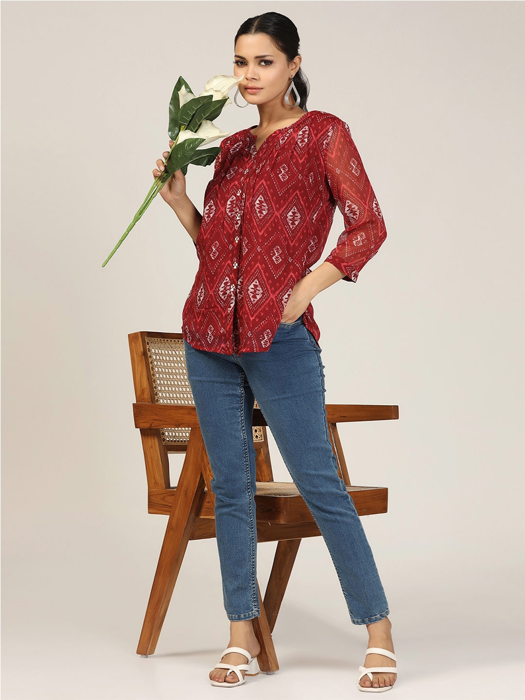 

Mustard Floral Printed Mandarin Collar Casual Shirt, Maroon