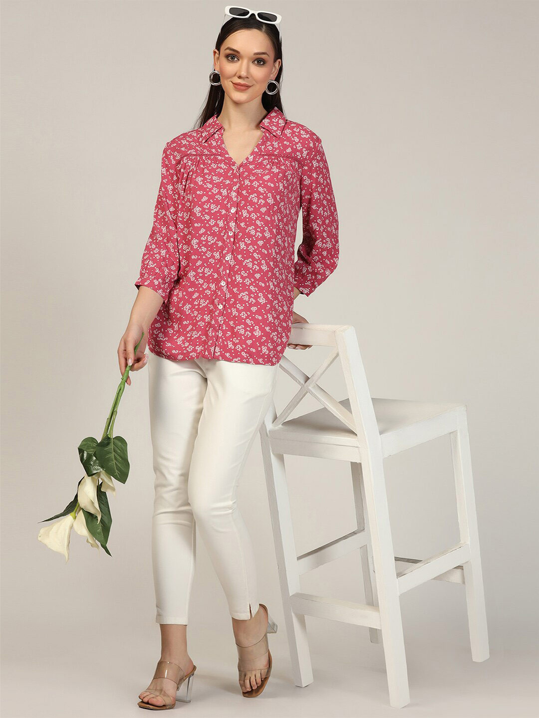 

Mustard Floral Printed Puff Sleeves Casual Shirt, Coral