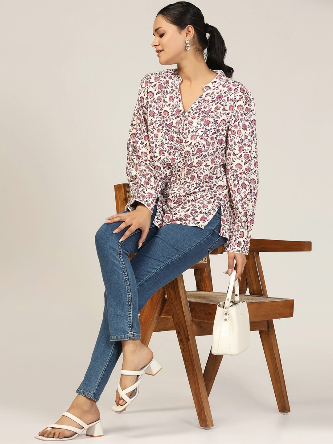 

Mustard Floral Printed Mandarin Collar Casual Shirt, White