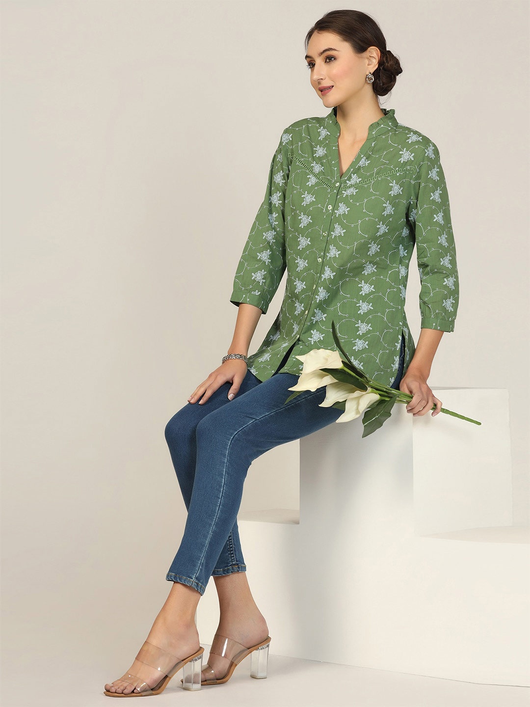 

Mustard Floral Embroidered Mandarin Collar Cotton Casual Shirt, Sea green