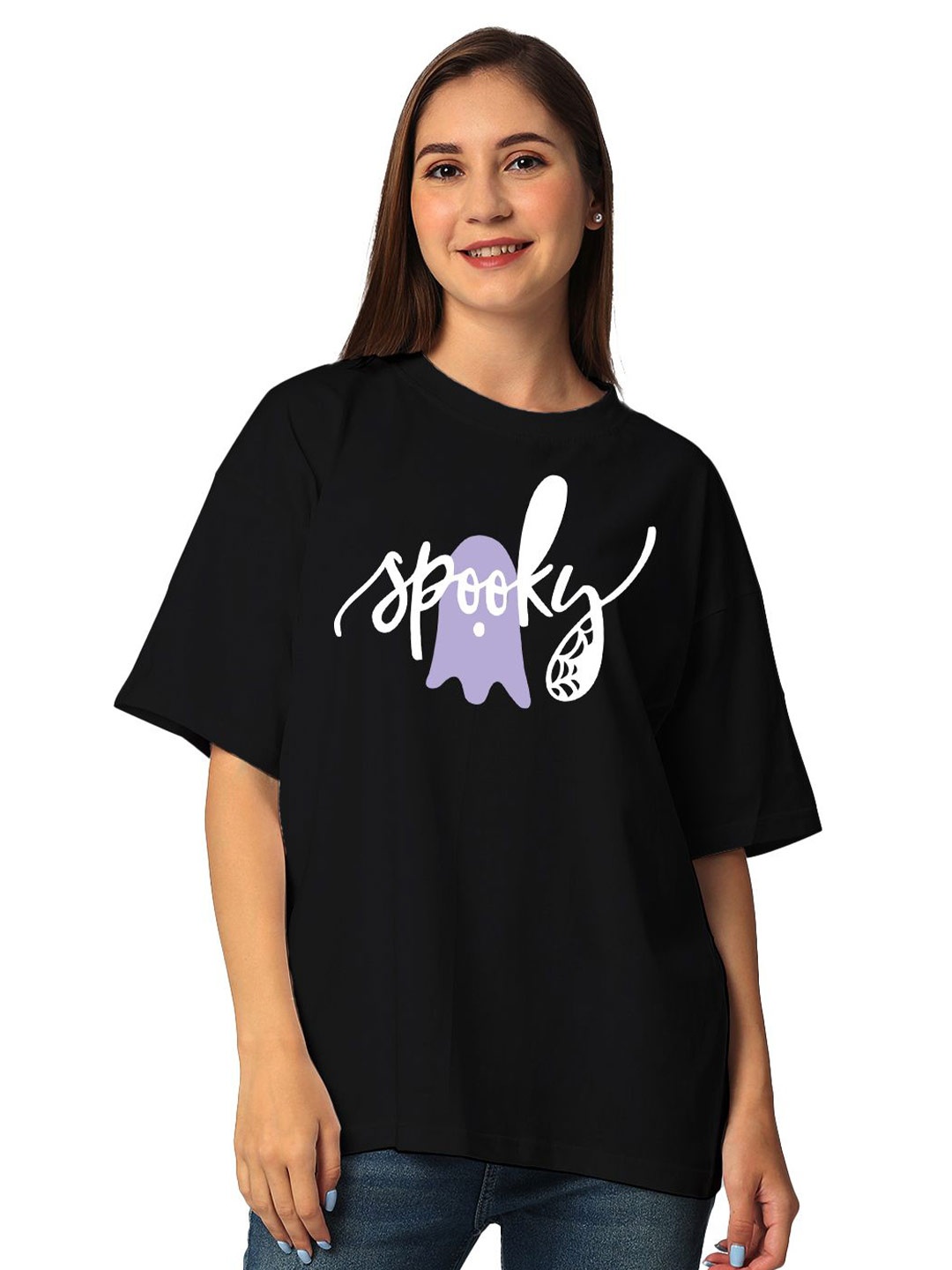 

STATUS MANTRA Printed Round Neck Drop-Shoulder Sleeves Oversized T-shirt, Black