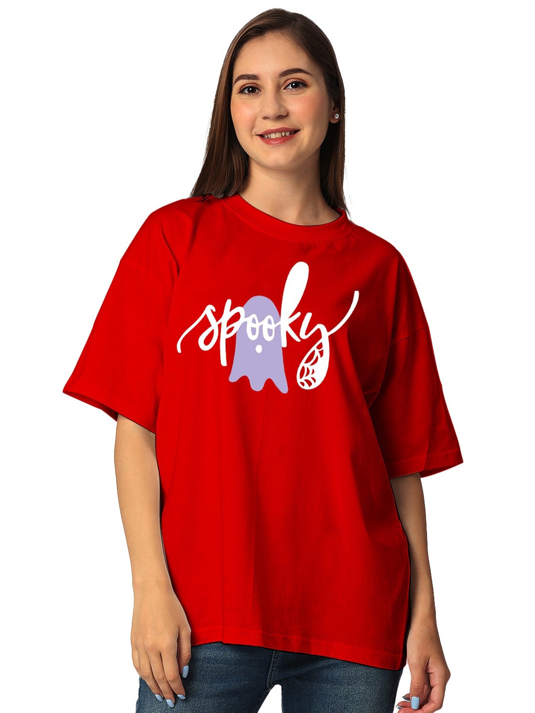 STATUS MANTRA Typography Printed Round Neck Drop-Shoulder Sleeves Oversized T-shirt, Red