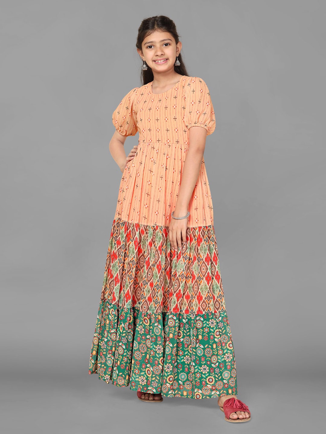 

BAESD Girls Geometric Printed Round Neck Short Puff Sleeves Tiered Maxi Dress, Peach