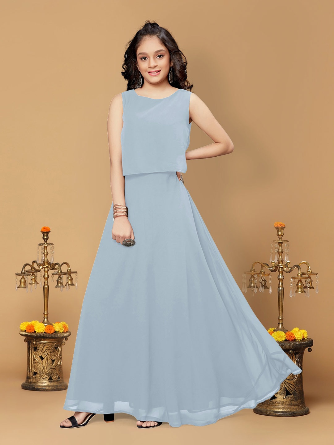

BAESD Georgette Round Neck Maxi Casual Dress, Grey