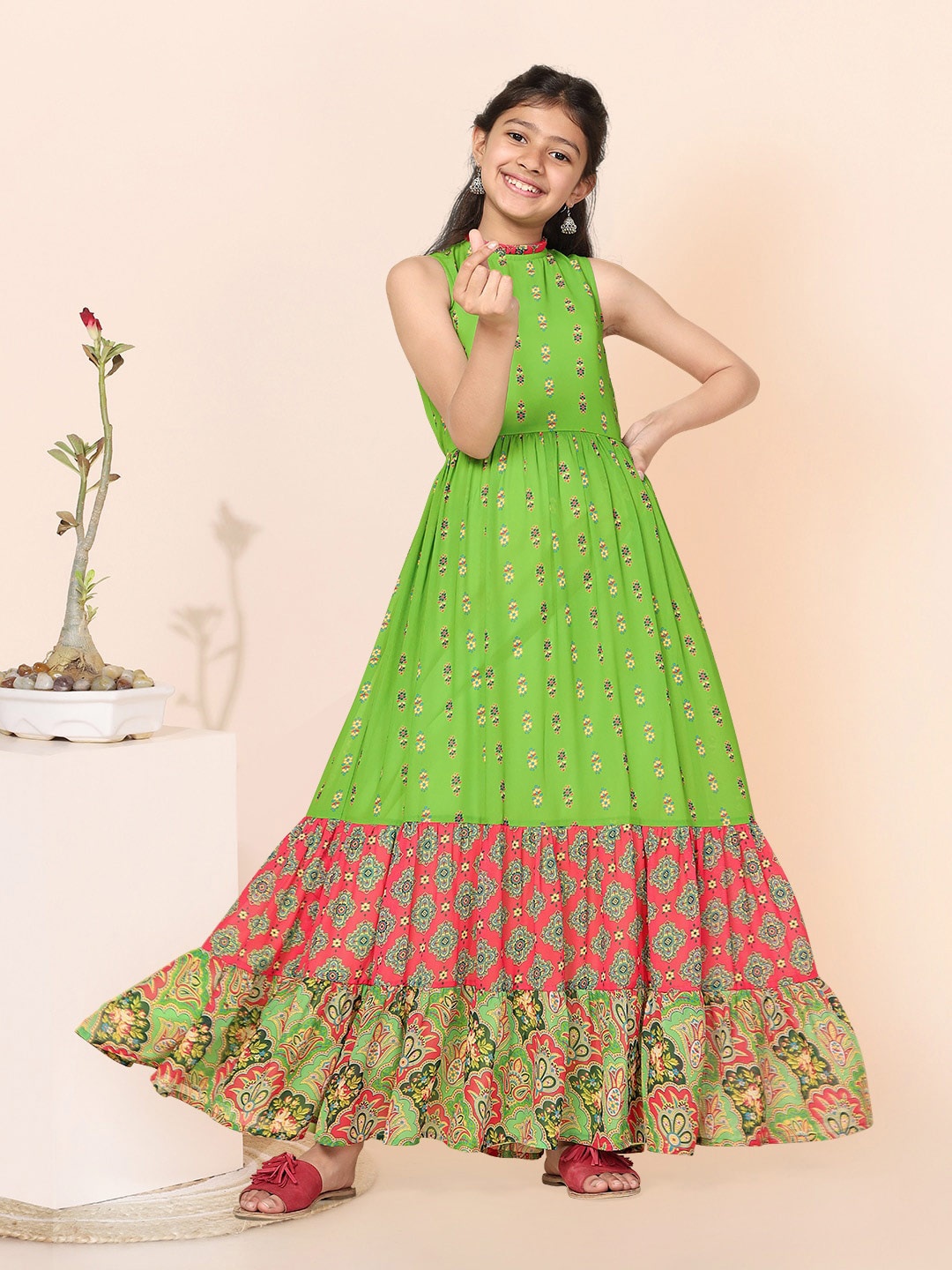 

BAESD Girls Floral Printed Georgette Maxi Dress, Green