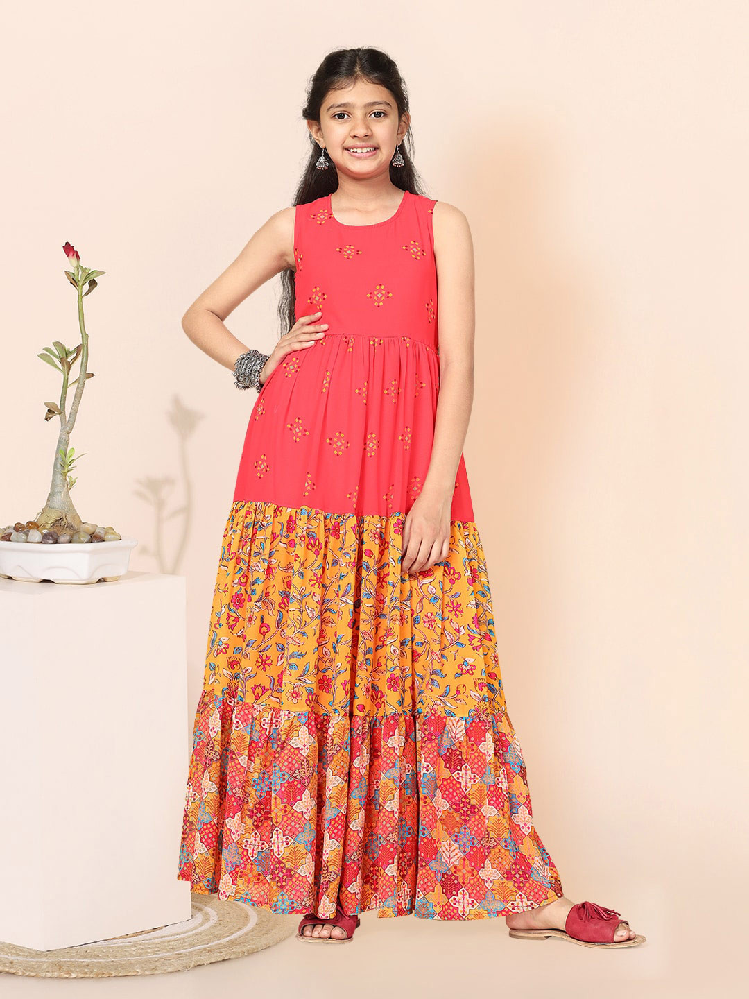 

BAESD Girls Floral Print Round Neck Sleeveless Tiered Maxi Dress, Red