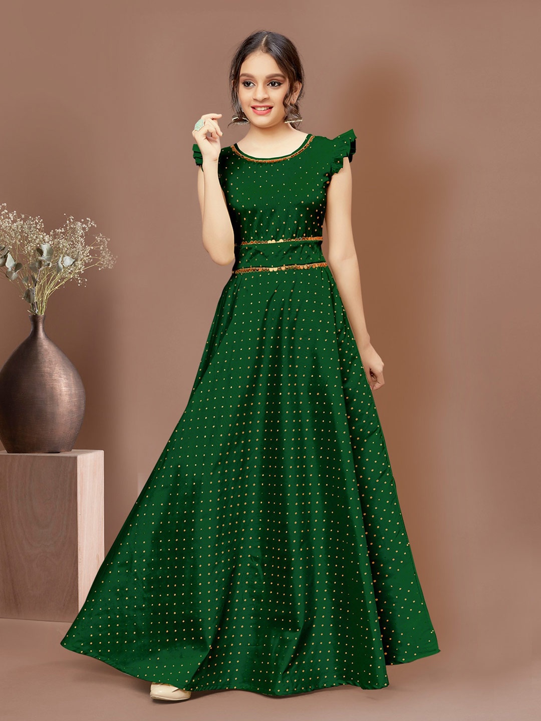 

BAESD Polka Dot Self Design Round Neck Flutter Sleeves Jacquard Maxi Dress, Green