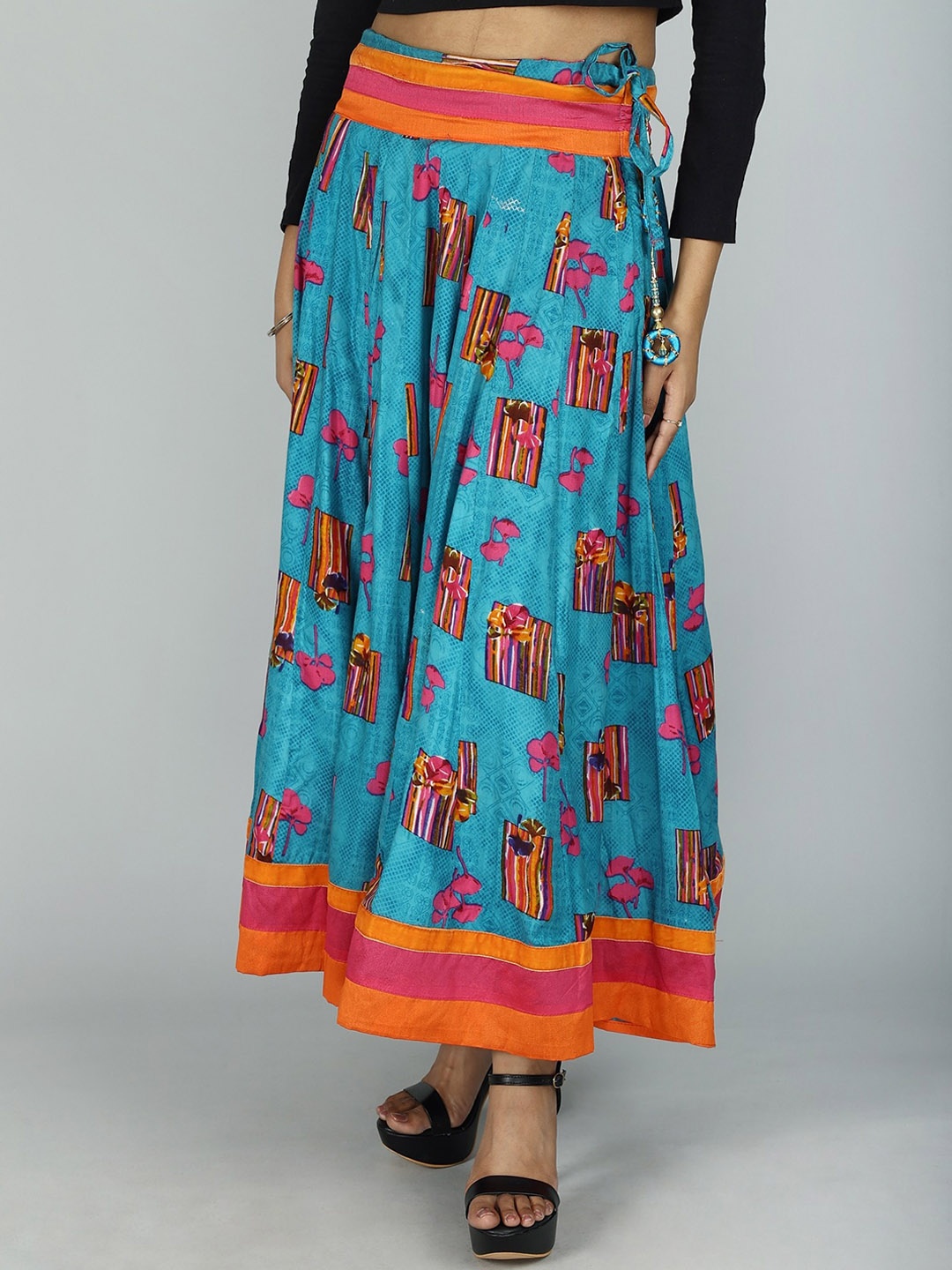 

Exotic India Teal Digital Printed Long Skirt from Iskcon Vrindavan by Bliss