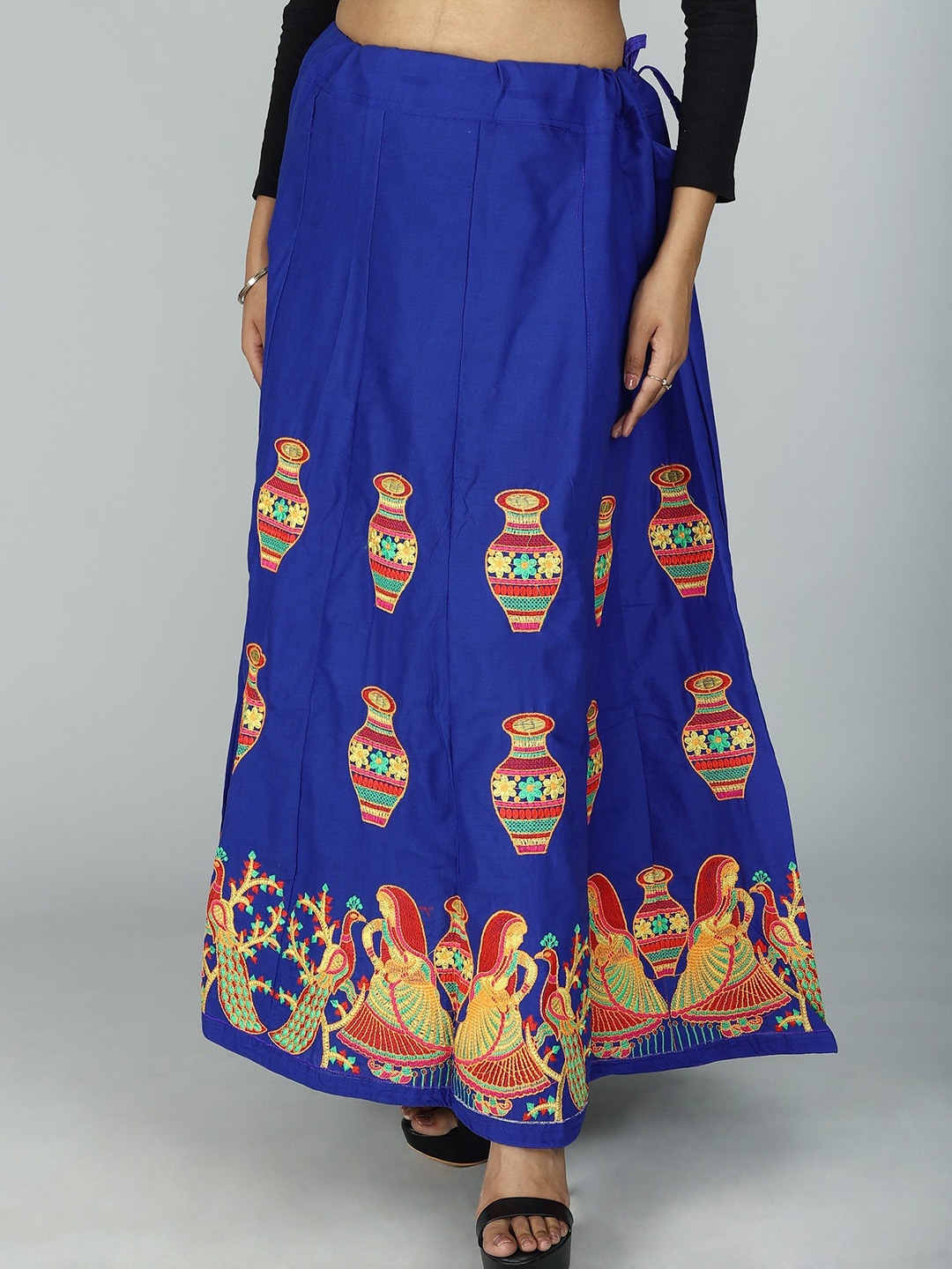 

Exotic India Embroidered Pure Cotton Flared Maxi Ethnic Skirt, Blue