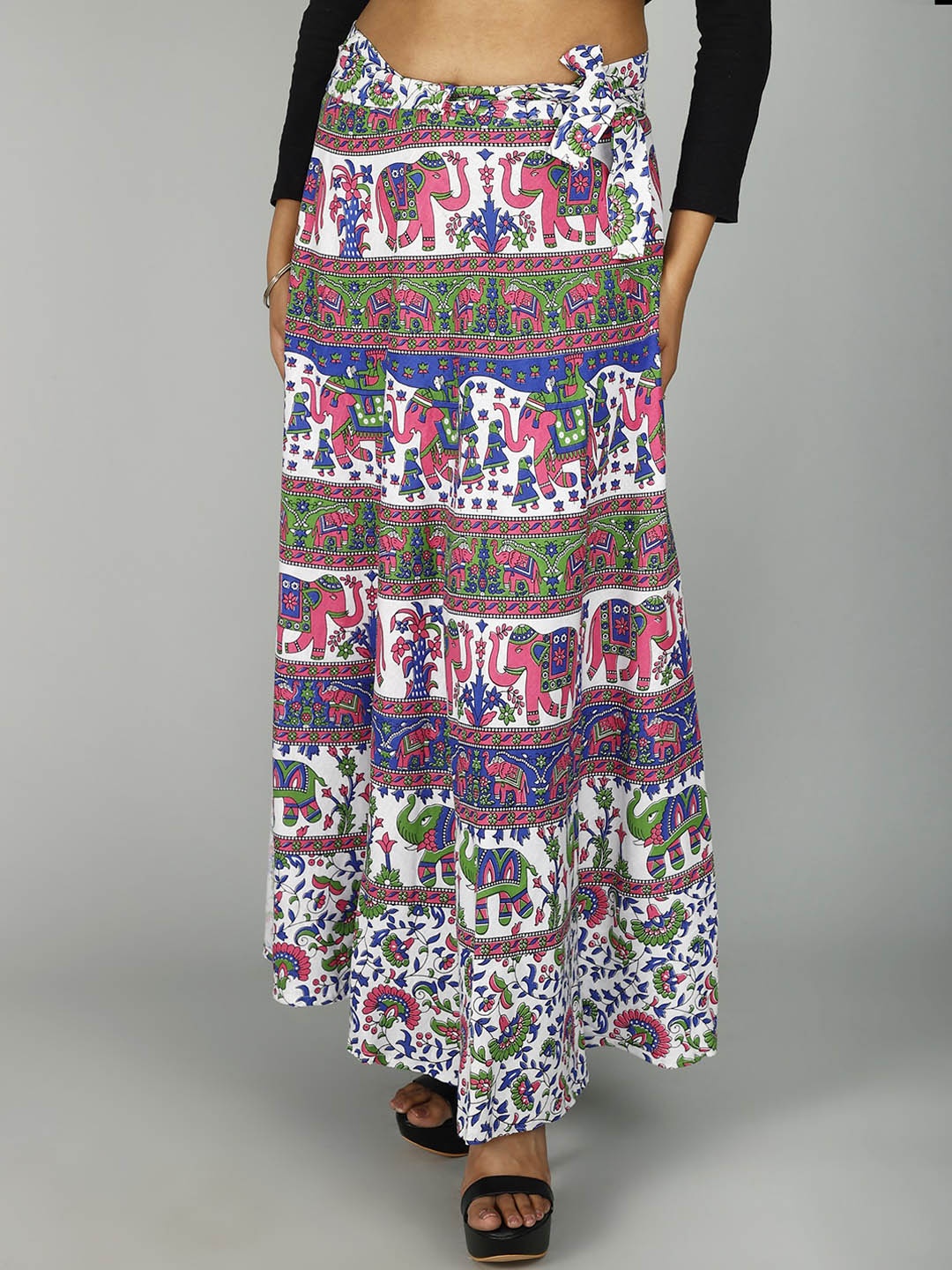 

Exotic India Printed Pure Cotton Wrap Maxi Skirts, White