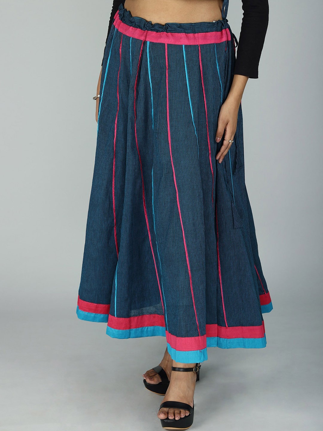 

Exotic India Striped Gathered or Pleated Pure Cotton Flared Maxi Formal Skirt, Blue