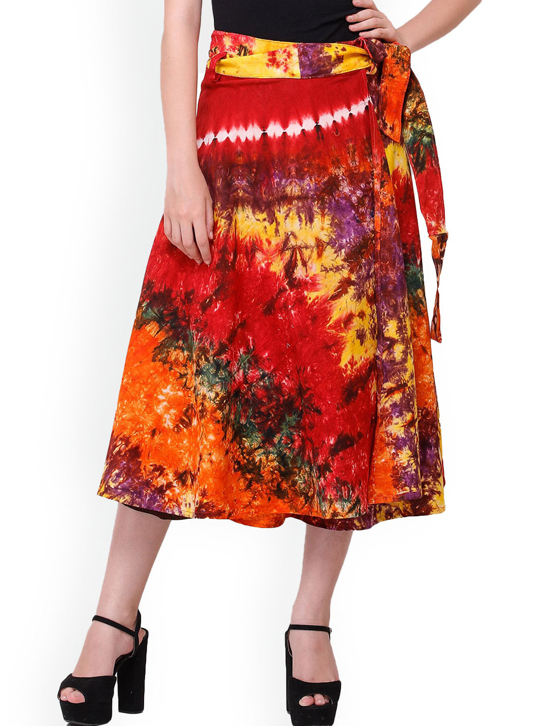 

Exotic India Abstract Printed Pure Cotton A-Line Midi Skirt, Red