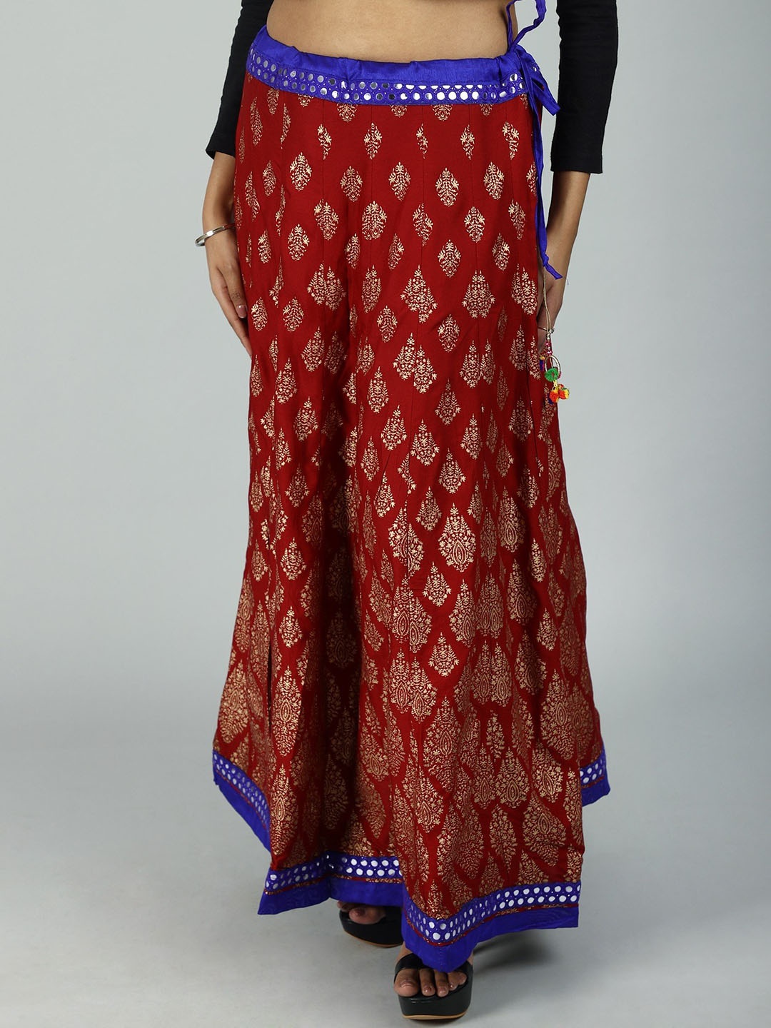 

Exotic India Floral Printed Flared Embroidered Maxi Pure Cotton Tiered Skirt, Maroon