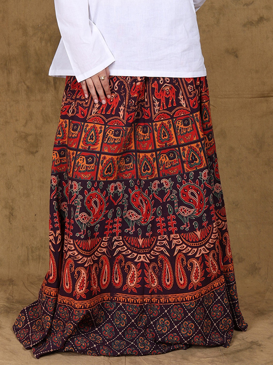 

Exotic India Animal Printed Pure Cotton Wrap Around Flared Maxi Skirts, Brown