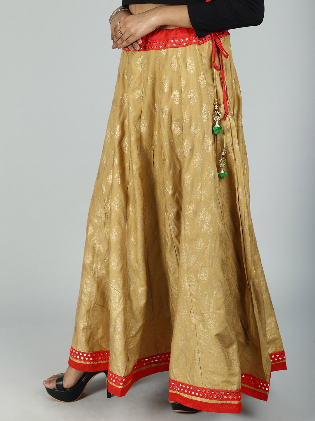 

Exotic India Printed Pure Cotton Flared Maxi Skirt, Beige