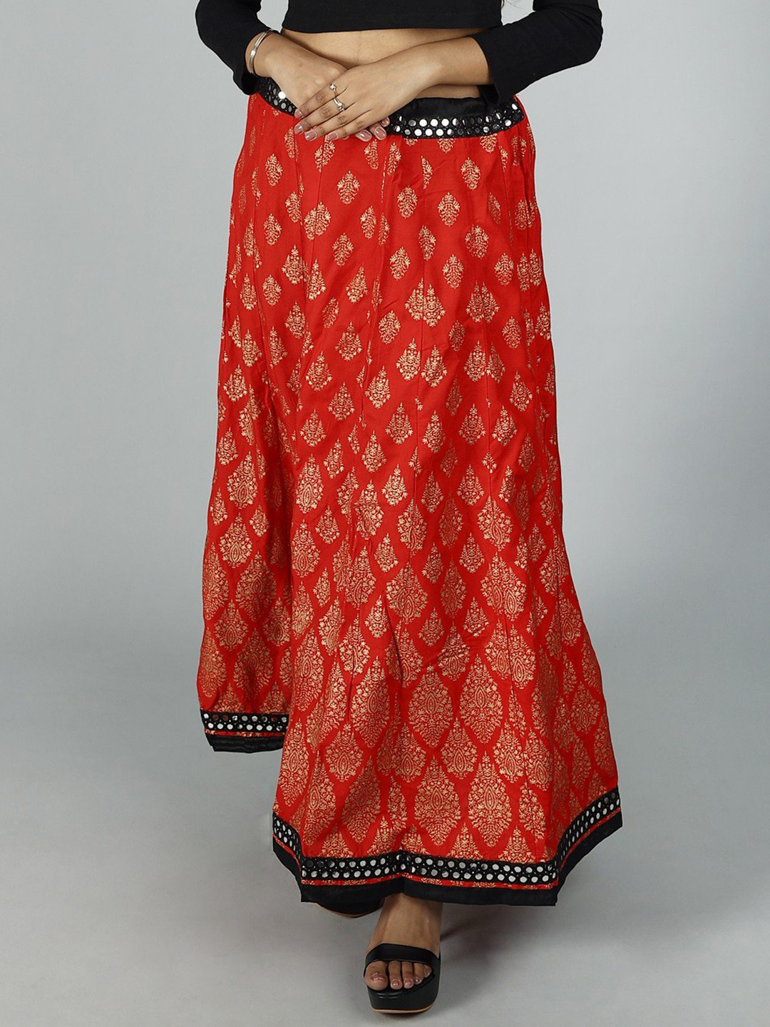 

Exotic India Red Golden Floral Print and Mirror Embroidered Patch Border Ethnic Skirt