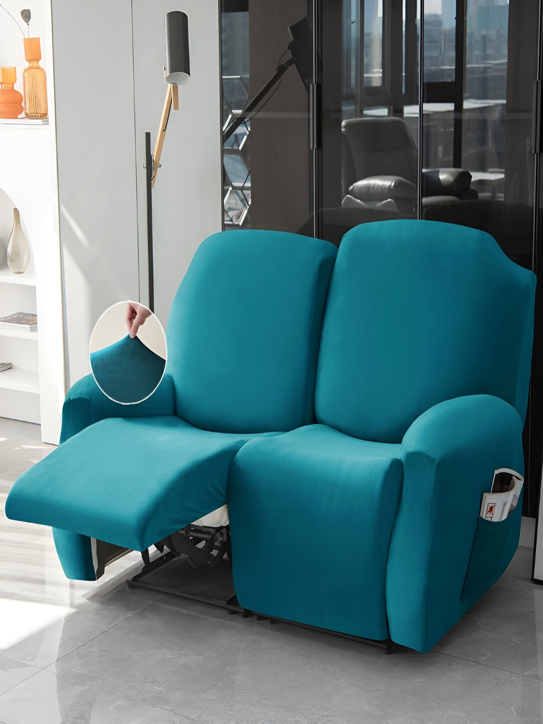 

HOKIPO Turquoise Blue Velvet 2 Seater Stretchable Sofa Cover With Arms