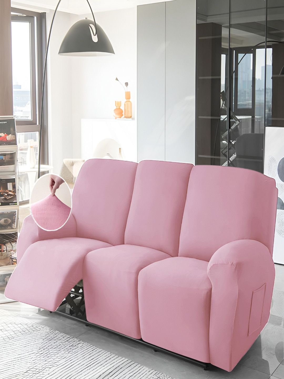 

HOKIPO Pink Velvet 3 Seater Stretchable Sofa Cover With Arms